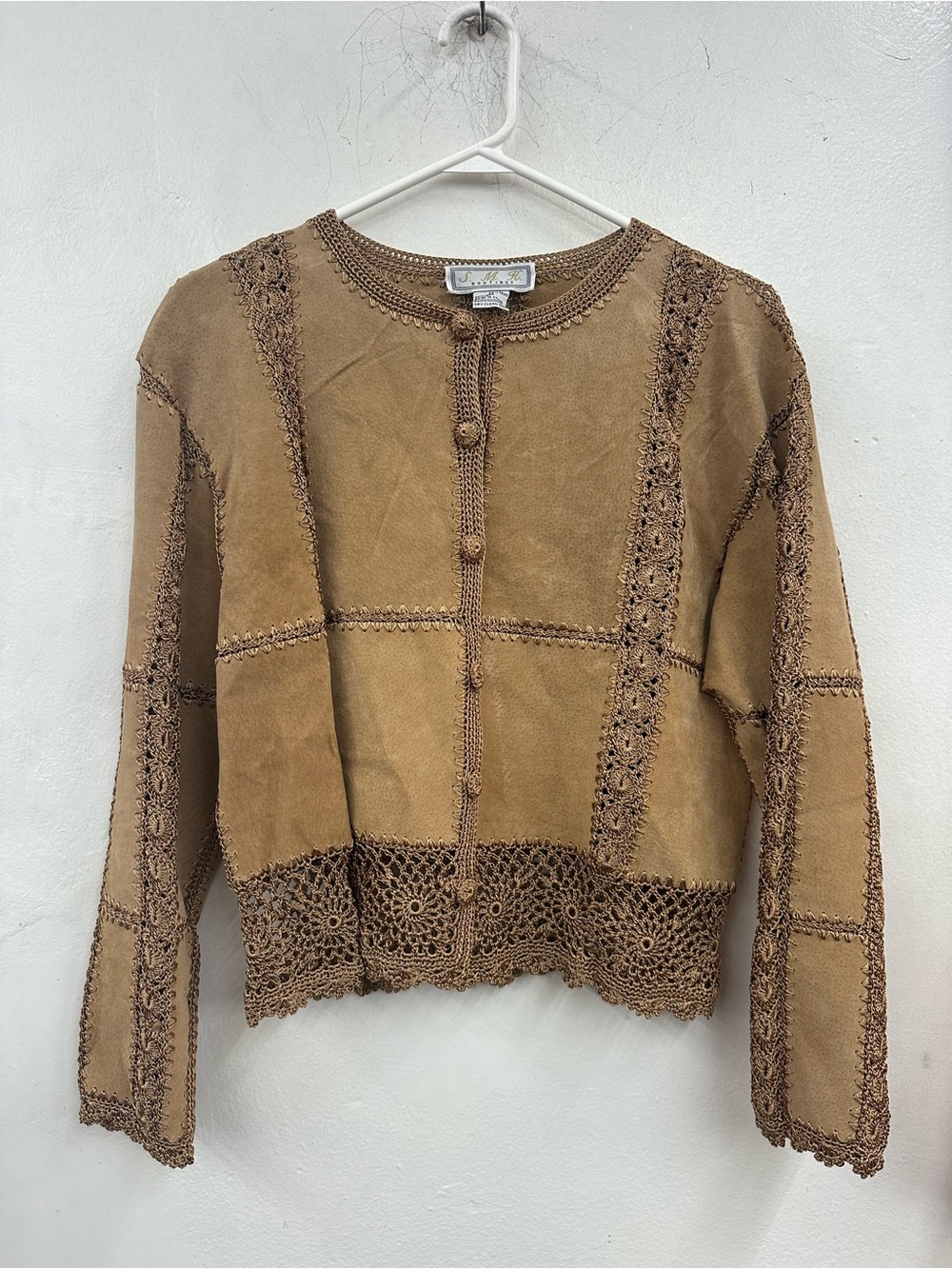 S.M.H boutique brown Seude jacket intricate crocheted lace patchwork size medium